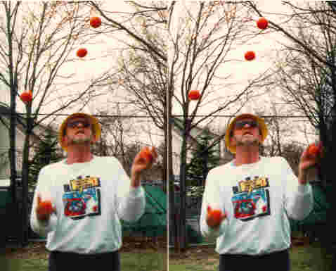 Stereo photo, five ball juggle